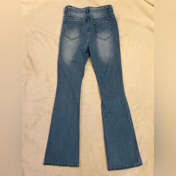 SHEIN Blue Distressed Flare Jeans Size Small, 30” Inseam Y2K Retro Boho Denim - Picture 6 of 8